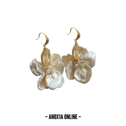 Chic Baroque Pearl Flower Earrings | Yellow Crystal