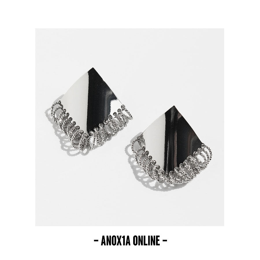 Diamond-Shaped Mirror Stud Earrings with Tassel Circles -