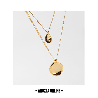 Double Layer Irregular Round Sign Pendant Necklace 18K Gold