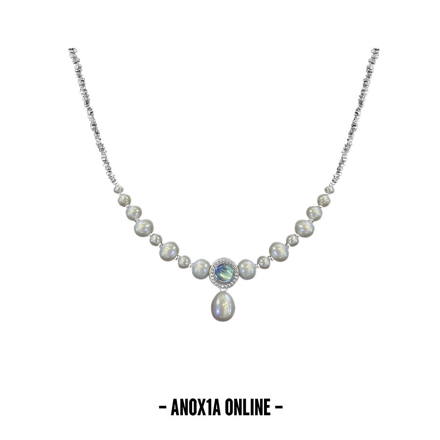 Freshwater Pearl Necklace with Aquamarine and S925 Silver -