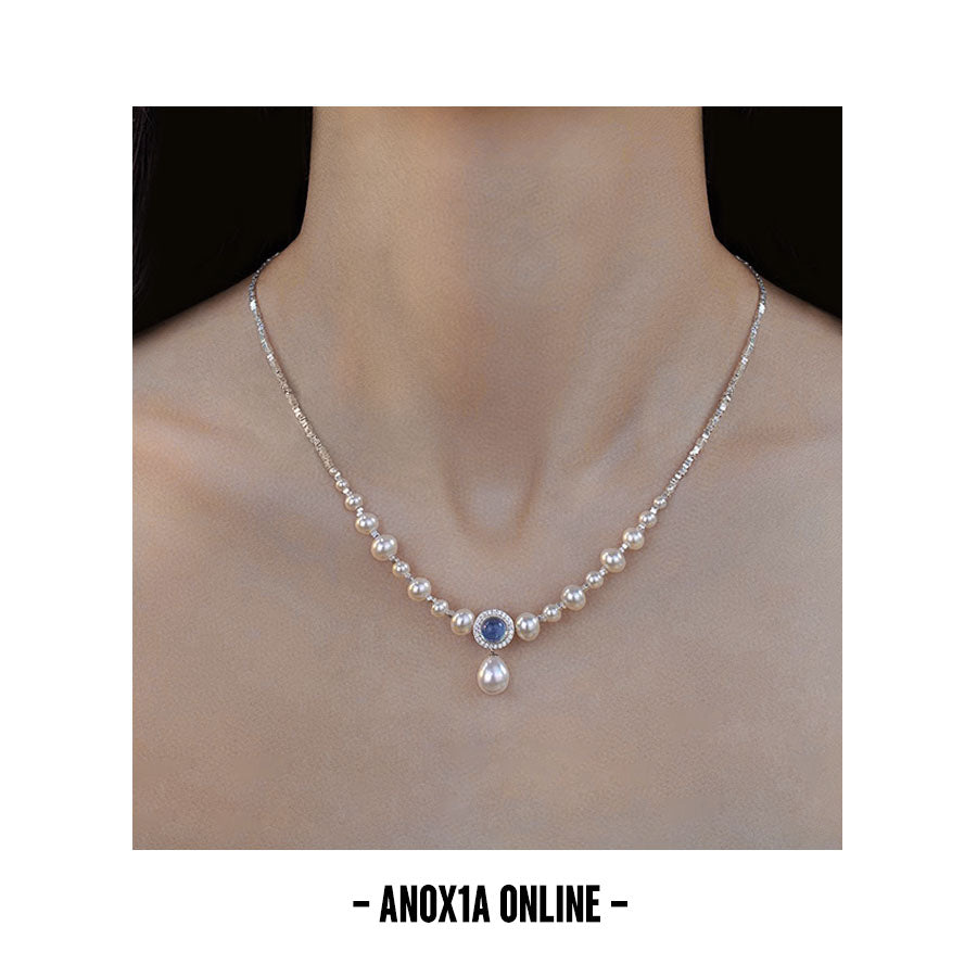 Freshwater Pearl Necklace with Aquamarine and S925 Silver -