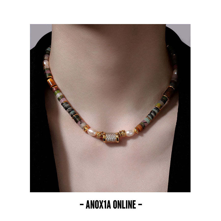 Unisex Multicolor Natural Stone and Gold Bead Necklace -