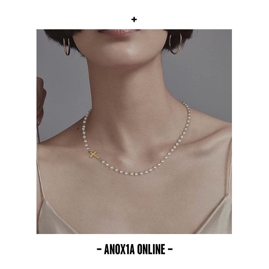 Artificial Pearl Cross Collarbone Necklace - Necklace -