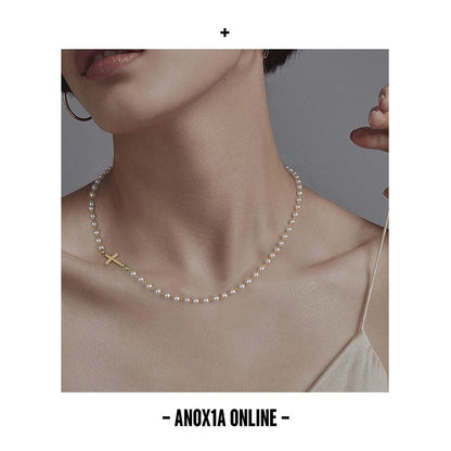 Artificial Pearl Cross Collarbone Necklace - Necklace -