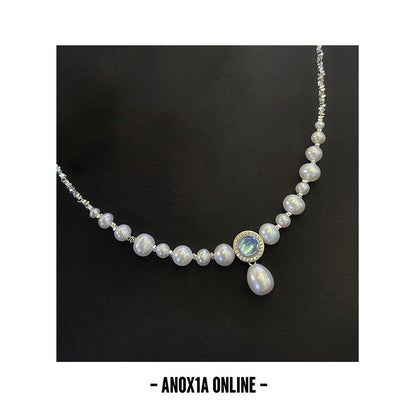 Freshwater Pearl Necklace with Aquamarine and S925 Silver -