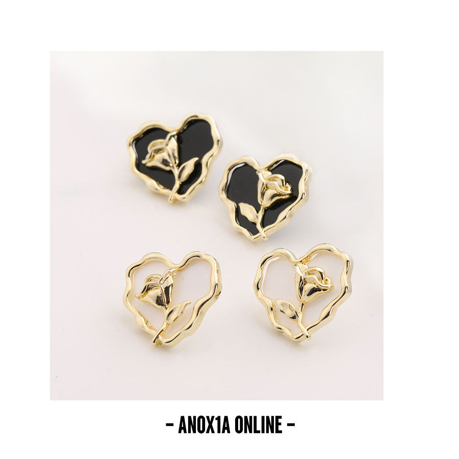 Heart-Shaped Stud Earrings with Gold Rose Center - Available