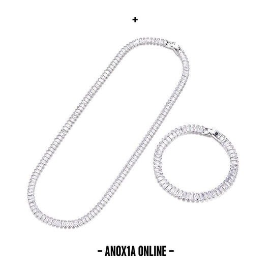 Square zirconia Cuba collarbone chain necklace Bracelet set
