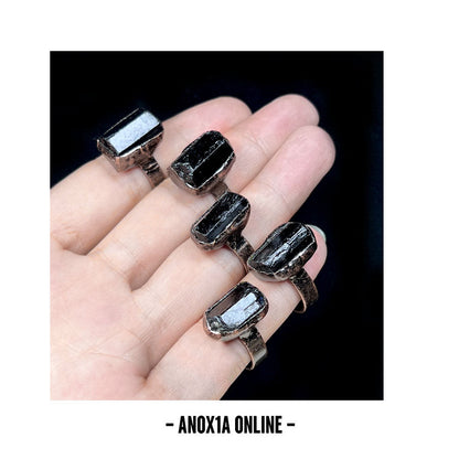 Unisex Antique Bronze Ring with Black Tourmaline Crystal