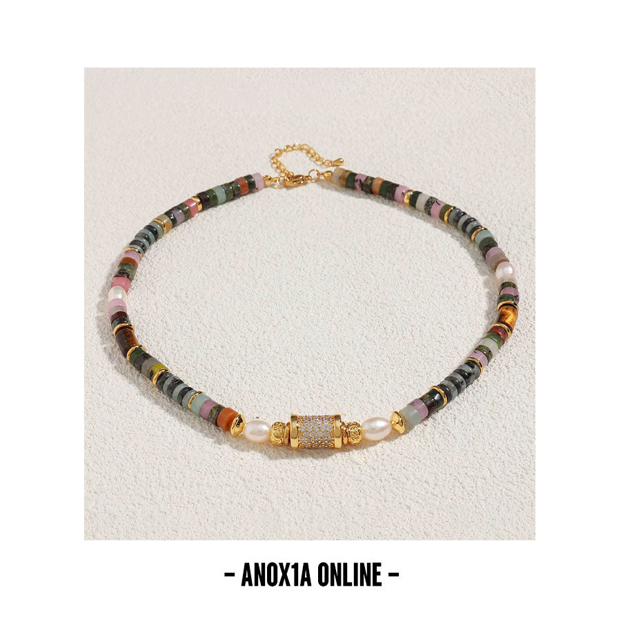 Unisex Multicolor Natural Stone and Gold Bead Necklace -