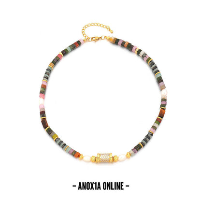 Unisex Multicolor Natural Stone and Gold Bead Necklace -