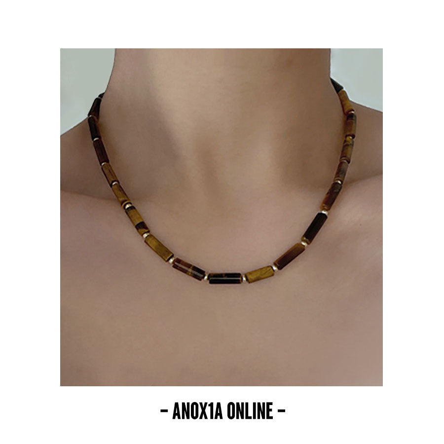 Unisex Natural Tiger Eye and S925 Silver Bead Necklace