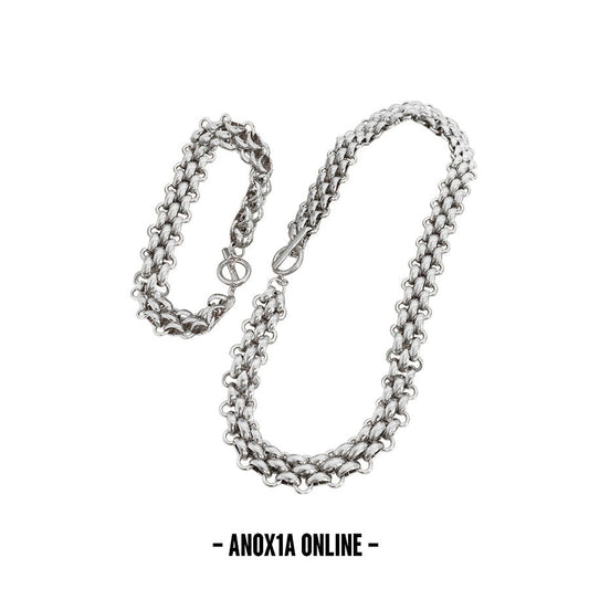 Unisex Wave-Link Chain Necklace & Bracelet Set - Cold-tone